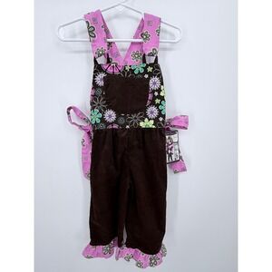 Beary Basics Overalls Girls 12M Brown Pink Floral Corduroy Ruffle Bows USA NWT